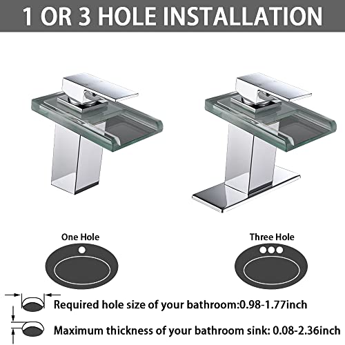 AVSIILE LED Bathroom Sink Faucet, Chrome Waterfall Single Hole Handle Vanity Faucets for Sinks 1 Hole with Metal Pop Up Drain and 2 Water Supply Lines, Open Glass Spout - Image 4