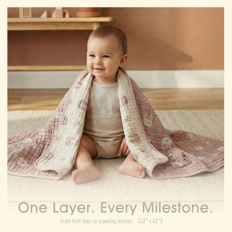 HardNok 6-Layer Muslin Baby Blanket Made with Organic Cotton - Cute Bunny Rabbit Jacquard Swaddle & Crib Quilt, 43â€x 43â€,Blush Pink Bunny - Image 2