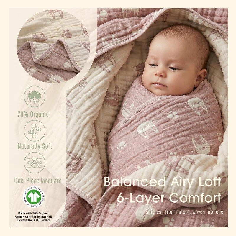 HardNok 6-Layer Muslin Baby Blanket Made with Organic Cotton - Cute Bunny Rabbit Jacquard Swaddle & Crib Quilt, 43â€x 43â€,Blush Pink Bunny - Image 3