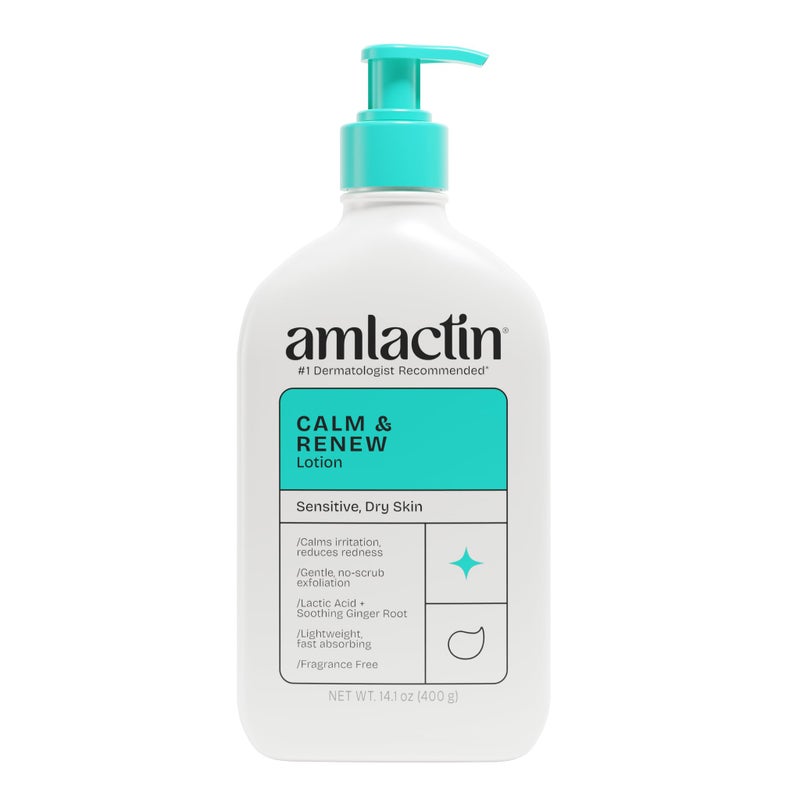 AmLactin Calm & Renew Lotion - Therapeutic Body and Face Moisturizer for Sensitive Skin - No-Scrub Exfoliator and Body Lotion for Dry Skin with Lactic Acid AHA and Soothing Ginger Root, 14.1 oz - Image 1
