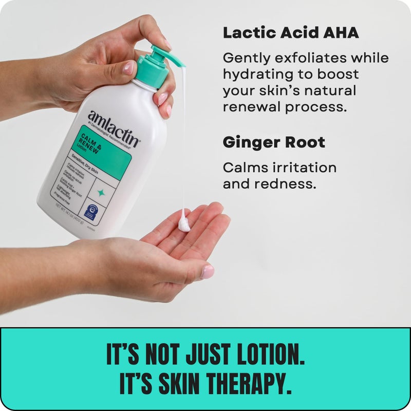 AmLactin Calm & Renew Lotion - Therapeutic Body and Face Moisturizer for Sensitive Skin - No-Scrub Exfoliator and Body Lotion for Dry Skin with Lactic Acid AHA and Soothing Ginger Root, 14.1 oz - Image 4