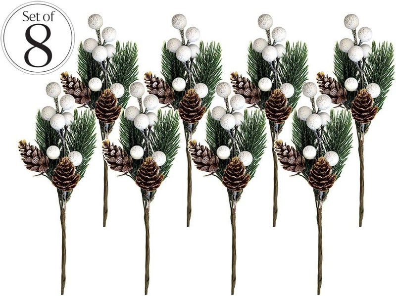OLYPHAN White Christmas Berries/Berry Stems w. Pine Branches & Artificial Pine Cones/White Holly Spray/Wreath Picks for Winter Decor, Holiday Crafts, Xmas Decorations/Decorative Pick (Snow) - Image 2