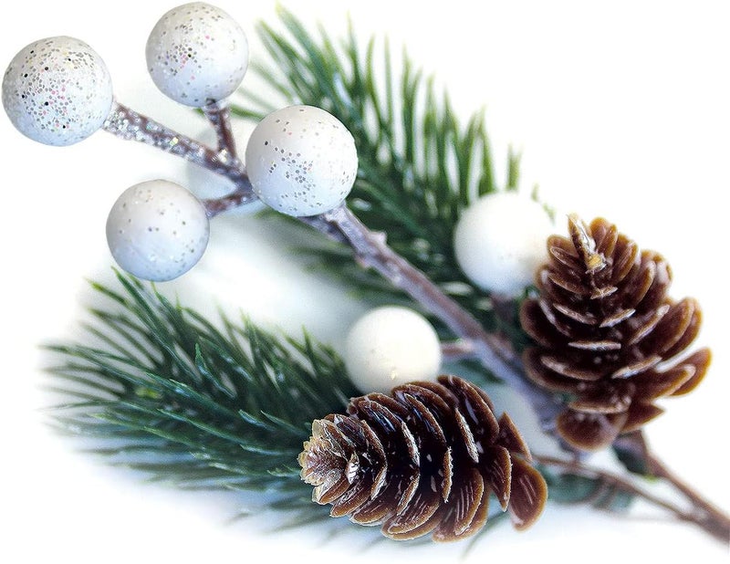 OLYPHAN White Christmas Berries/Berry Stems w. Pine Branches & Artificial Pine Cones/White Holly Spray/Wreath Picks for Winter Decor, Holiday Crafts, Xmas Decorations/Decorative Pick (Snow) - Image 1