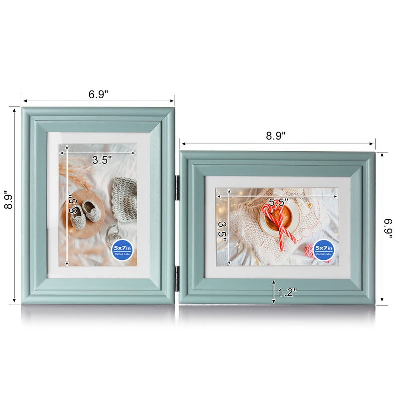 Tamolus 5X7 Double Wooden Hinged Picture Frame Vertical and Horizontal in Teal Blue  Display 4x6 with Mat or 5x7 without Mat  Folding Photo Frame with Real Glass Front for Tabletop X2-LAN-SH57 - Image 2