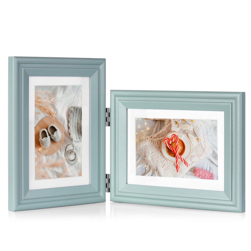 Tamolus 5X7 Double Wooden Hinged Picture Frame Vertical and Horizontal in Teal Blue  Display 4x6 with Mat or 5x7 without Mat  Folding Photo Frame with Real Glass Front for Tabletop X2-LAN-SH57 - Image 1