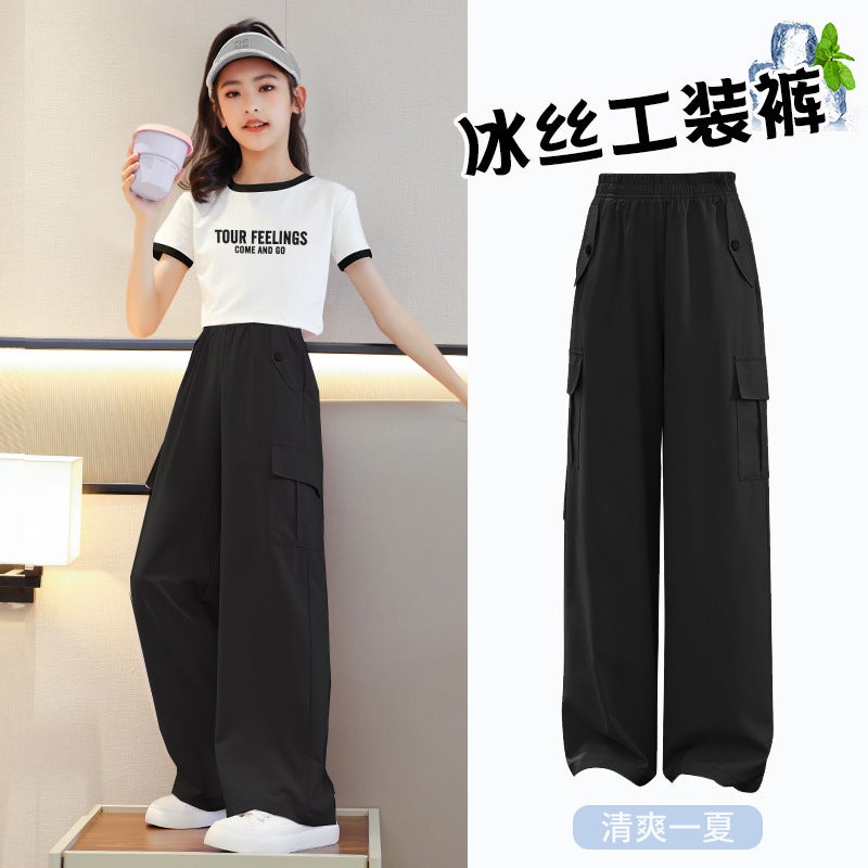Summer Girls' Wide-Leg Pants Children'S Pants Ice Silk Cargo Pants Mosquito-Proof Pants For Older Girls Summer Long Pants - Image 1