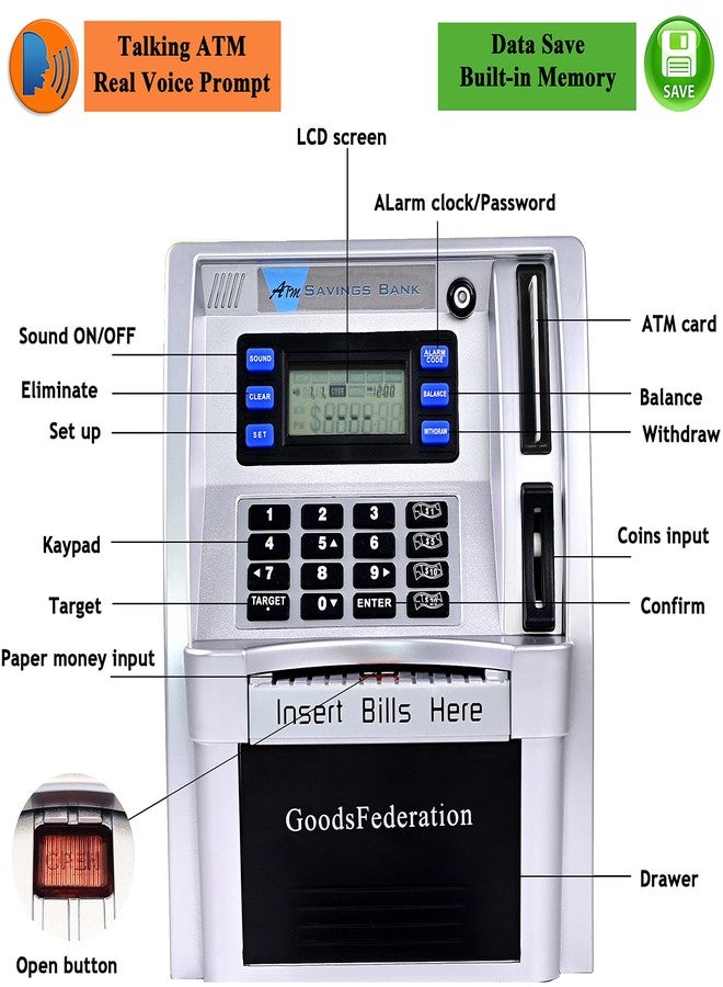 GoodsFederation Upgraded Talking ATM Piggy Bank for Kids Adults,Toy Money Bank for Real Money with Voice Prompt,Data Save,Card,Saving Target,Balance Calculator,Electronic Money Safe Coin Box,Hot Gift for Boys Girls - Image 3