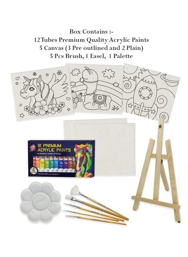 STORE 2508 Kids Art Studio Acrylic Paint Kit With 12 Acrylic Paint Tunes, Easel, 5 Canvas, 5 Brushes, 1 Palette (Multicolour) - Image 2