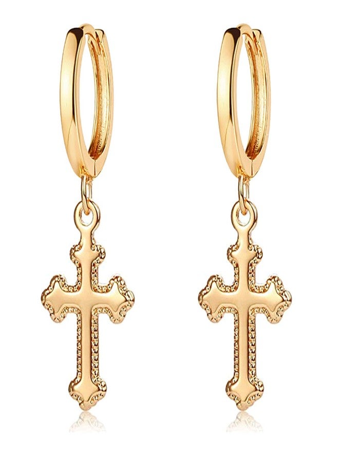 ميفيكو أقراط ميفيكو الصغيرة على شكل صليب، مطلية بالذهب عيار 14 قيراط، بتصميم بسيط وأنيق، هدية مثالية للنساء. - Image 1