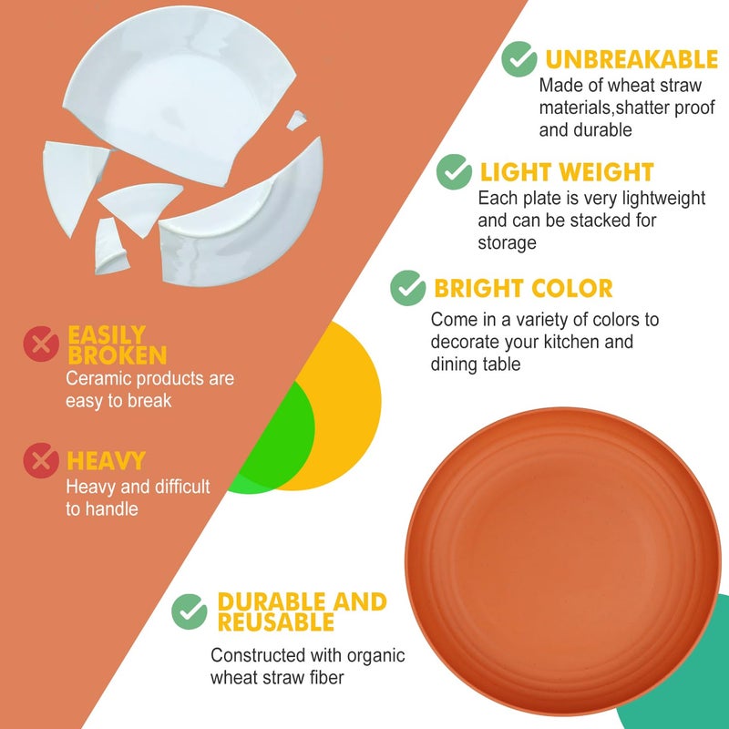 Homienly 10 inch Wheat Straw Dinner Plates Set of 8 - Alternative to Plastic, Microwave & Dishwasher Safe, Unbreakable Kids Plates with 4 Colors (Classic Bright) - Image 5
