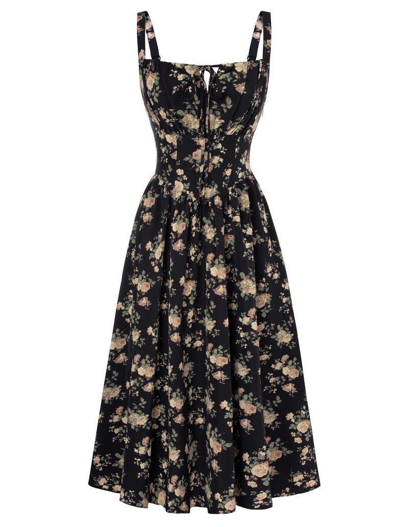 Scarlet Darkness Women's Floral Midi Dress Corset Sundresses 2026 Summer Spring Vacation Milkmaid Dresses Black Beige Floral L - Image 1