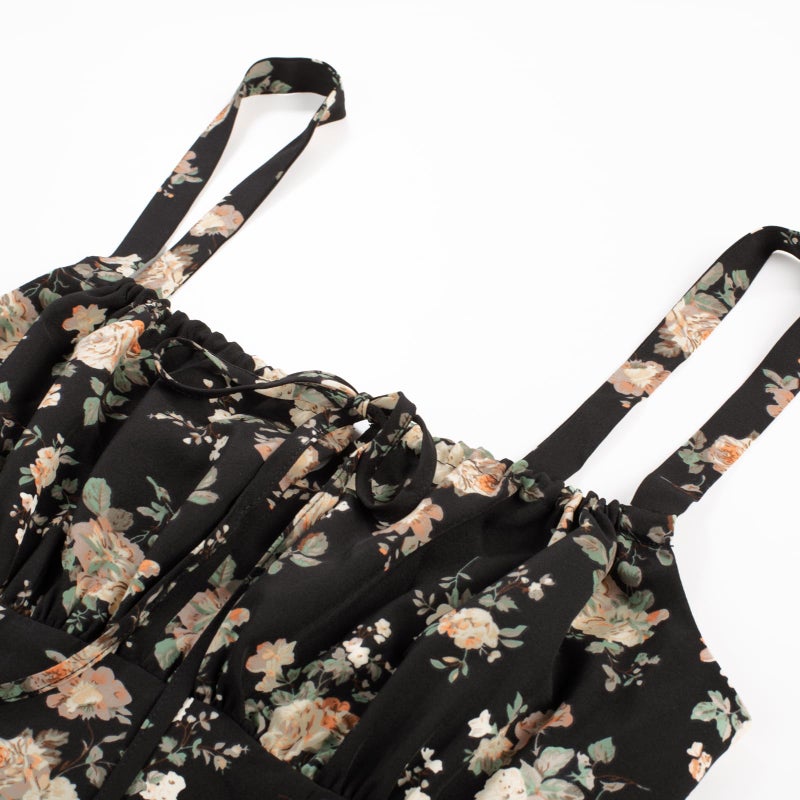 Scarlet Darkness Women's Floral Midi Dress Corset Sundresses 2026 Summer Spring Vacation Milkmaid Dresses Black Beige Floral L - Image 3