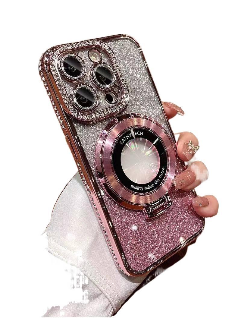 LS غطاء MagSafe بTPU لـ iPhone 13 مع حامل قائم ومغناطيس قوي مع أحجار الراين البراقة مع مرآة باللون Cherry Blossom Pink مغناطيسي بوظيفة حامل بتفاصيل مرصعة من مادة TPU باللون الوردي - Image 1