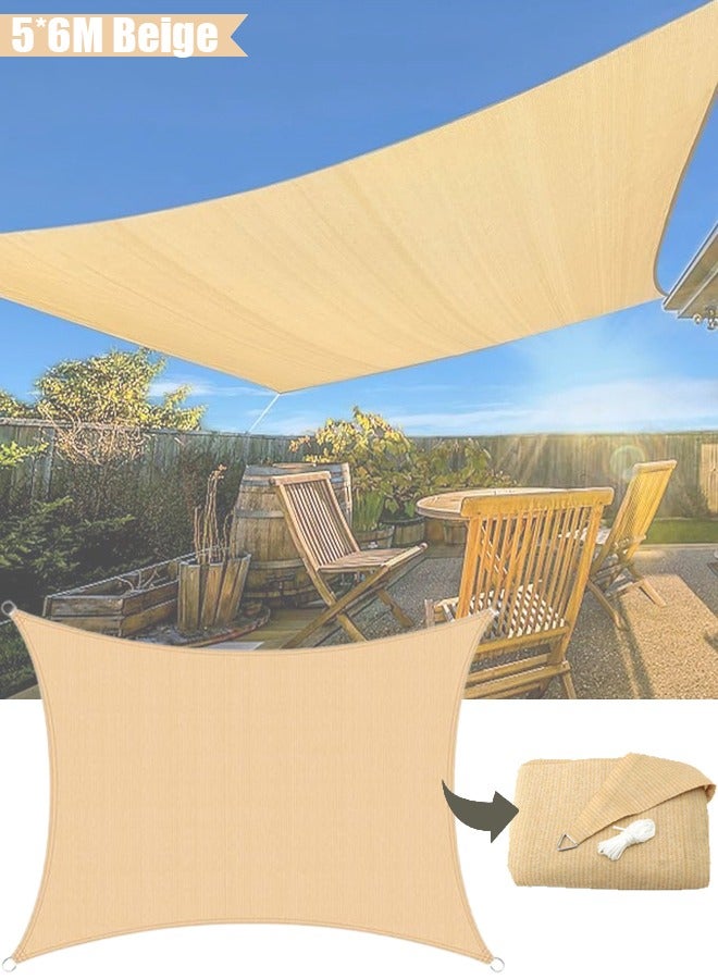 Sun Shade Sail Rectangle Sun Shade Canopy Water Permeable UV Block Sunshade Sail Shade for Backyard Yard Deck Patio Garden Outdoor Activities Sunshade Cover (5*6M Beige) - Image 1