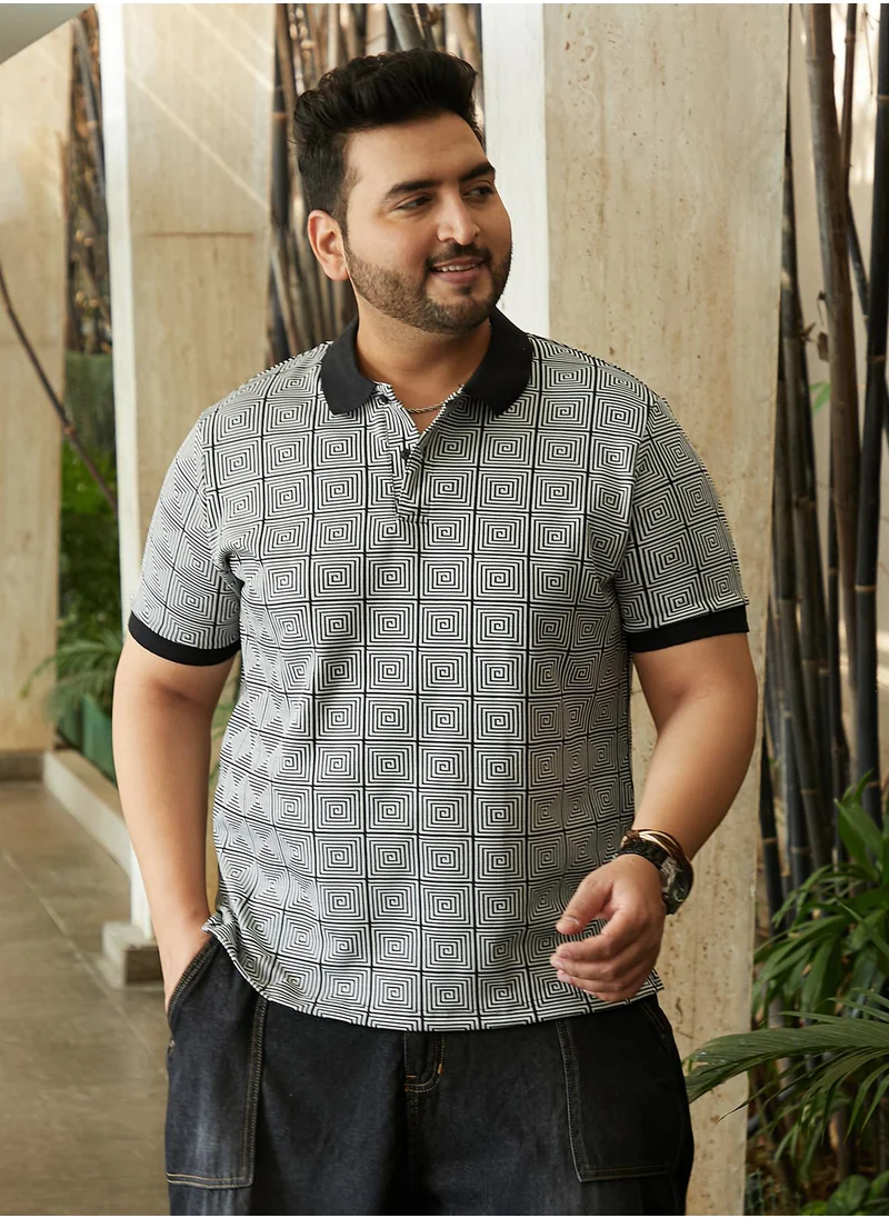Instafab Plus Instafab Plus Men's Black & White Optical-Illusion Polo T-Shirt For Casual Wear | Polo Neck | Short Cuffed Sleeves | Half-Button Closure | Plus Size T-Shirt Crafted With Comfort Fit For Everyday Wear