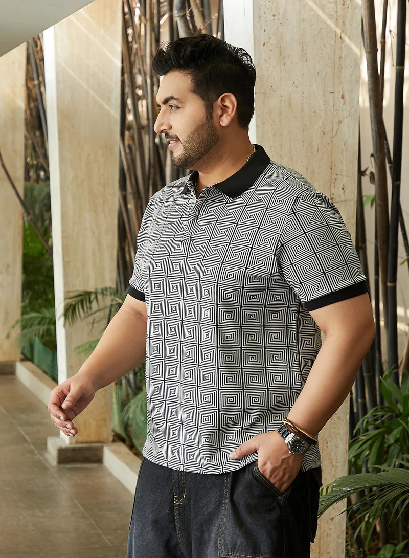 Instafab Plus Instafab Plus Men's Black & White Optical-Illusion Polo T-Shirt For Casual Wear | Polo Neck | Short Cuffed Sleeves | Half-Button Closure | Plus Size T-Shirt Crafted With Comfort Fit For Everyday Wear