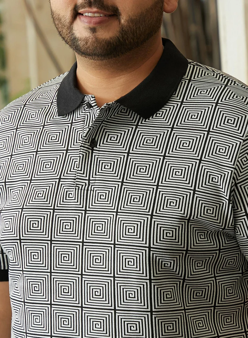 Instafab Plus Instafab Plus Men's Black & White Optical-Illusion Polo T-Shirt For Casual Wear | Polo Neck | Short Cuffed Sleeves | Half-Button Closure | Plus Size T-Shirt Crafted With Comfort Fit For Everyday Wear
