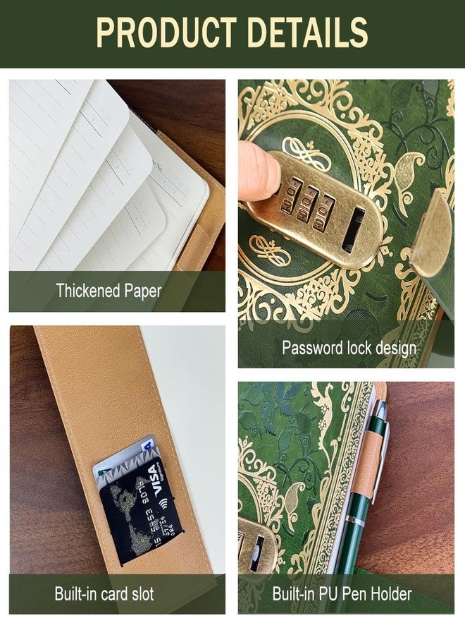 Climberty® Personal Diary with Password Lock, A5 Retro Green Embossed Journal, 100-Sheet Lined Paper, Secure Private Daily Planner & Memory Book Gift for Sister, Friends, Students - Image 3