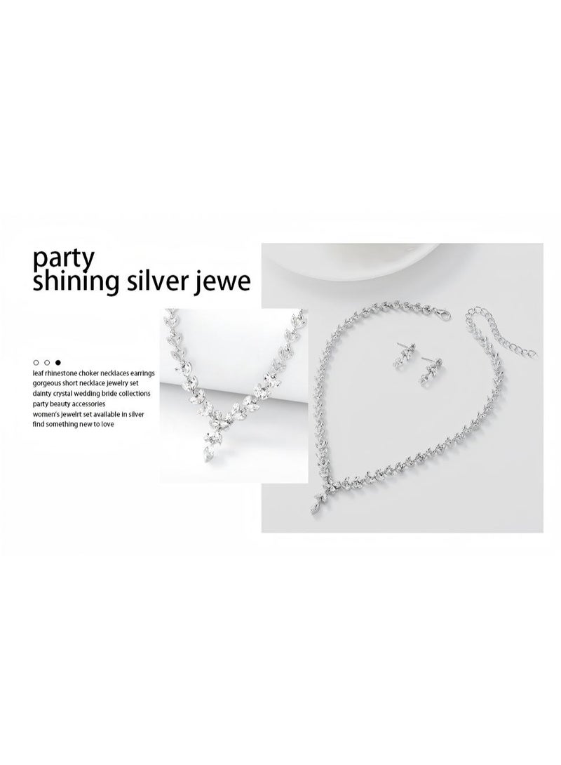 3Pcs Rhinestone Jewelry Set Stylish Elegant Leaf Necklace Zircon Earrings Chic Dress Accessory Festival Gift for Women Ladies Mother Wife Wedding Party Silver - Image 2