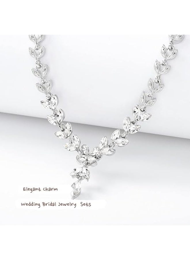 3Pcs Rhinestone Jewelry Set Stylish Elegant Leaf Necklace Zircon Earrings Chic Dress Accessory Festival Gift for Women Ladies Mother Wife Wedding Party Silver - Image 5