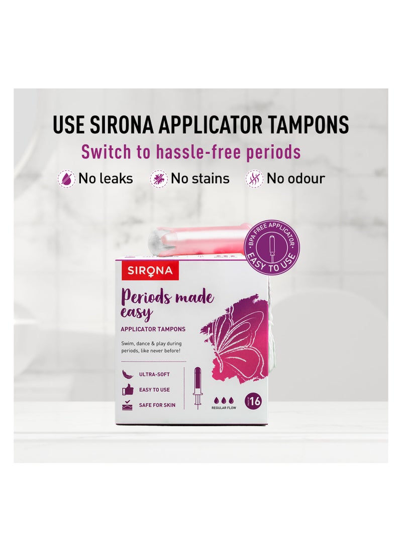 Sirona - Sirona Regular Flow Tampons with Applicator - 16 Pieces | Made in Europe | Ultra Soft & Comfortable | Highly Absorbent | BPA Free | FDA Approved - Image 1
