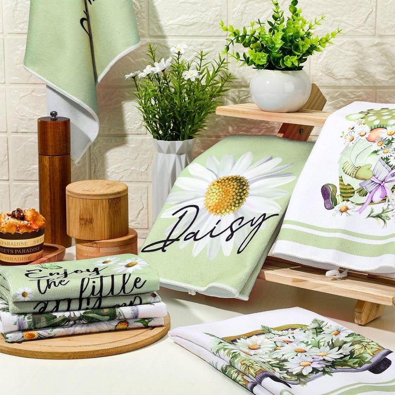 Boyiee Set of 6 Daisy Kitchen Towels Spring Floral Gnome Dishtowels Flower Rustic Tea Towels Absorbent Forest Green Hand Wash Cloth 24x16 for Farmhouse Kitchen Bathroom Housewarming Gift - Image 2