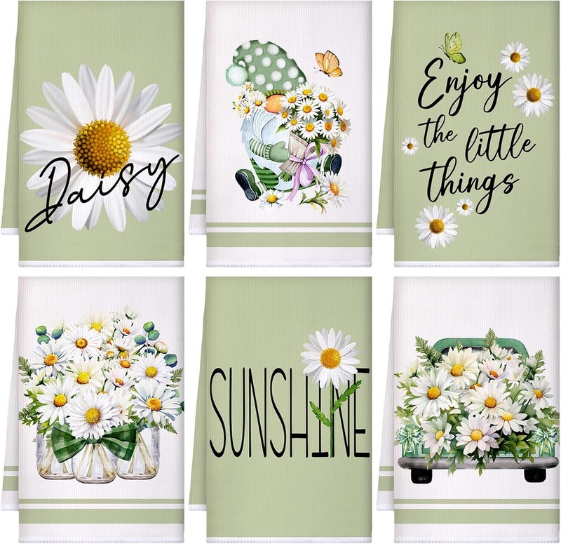 Boyiee Set of 6 Daisy Kitchen Towels Spring Floral Gnome Dishtowels Flower Rustic Tea Towels Absorbent Forest Green Hand Wash Cloth 24x16 for Farmhouse Kitchen Bathroom Housewarming Gift - Image 1