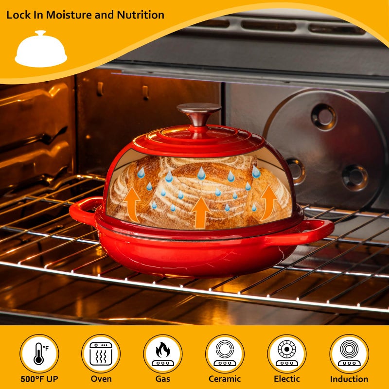 Velaze Enameled Cast Iron Dutch Oven for Bread Baking,5 QT Round Bread Oven Pot with Dome Lid for Sourdough, Roasting,Braising(Red) - Image 3