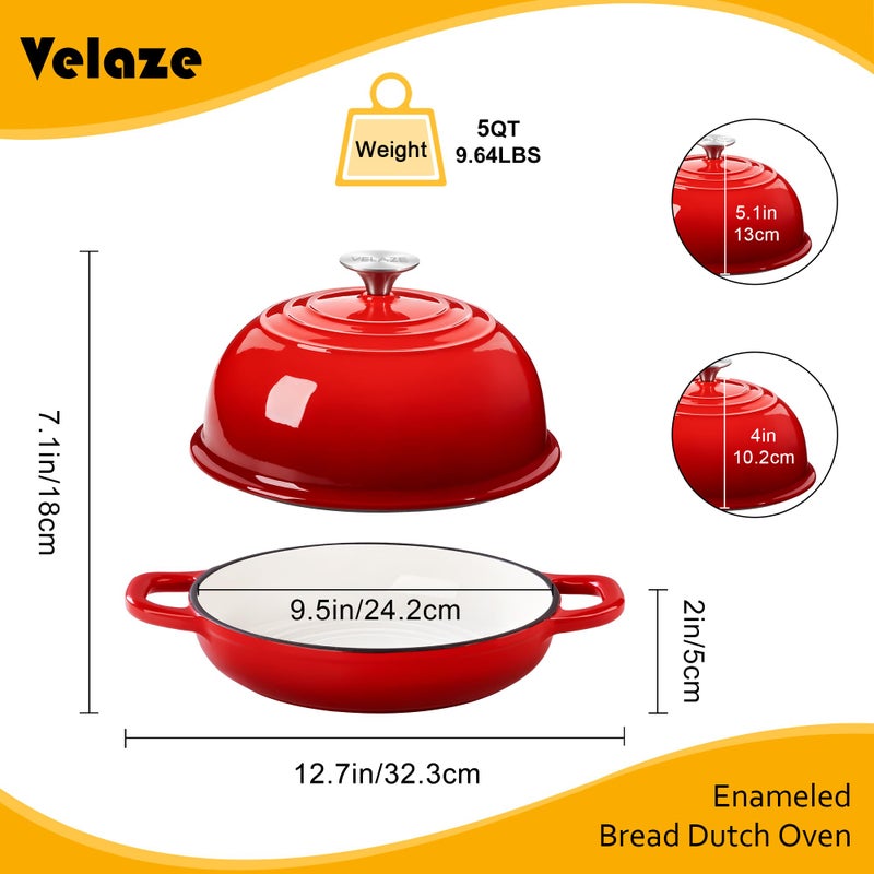 Velaze Enameled Cast Iron Dutch Oven for Bread Baking,5 QT Round Bread Oven Pot with Dome Lid for Sourdough, Roasting,Braising(Red) - Image 2