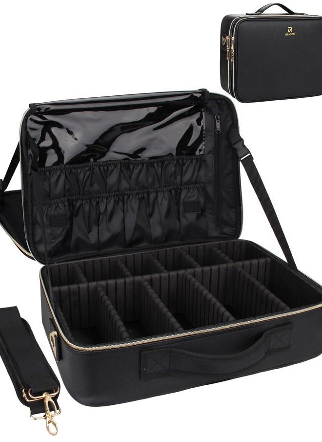MONSTINA Large Makeup Travel Case Bag,Professional Makeup Artist Train Case with Brush organizer,Large Capacity Cosmetic Bag with Zipper Pocket and Adjustable Compartment（PU Leather Black）  - Image 1