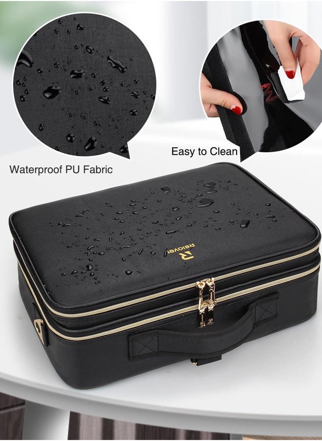 MONSTINA Large Makeup Travel Case Bag,Professional Makeup Artist Train Case with Brush organizer,Large Capacity Cosmetic Bag with Zipper Pocket and Adjustable Compartment（PU Leather Black）  - Image 5