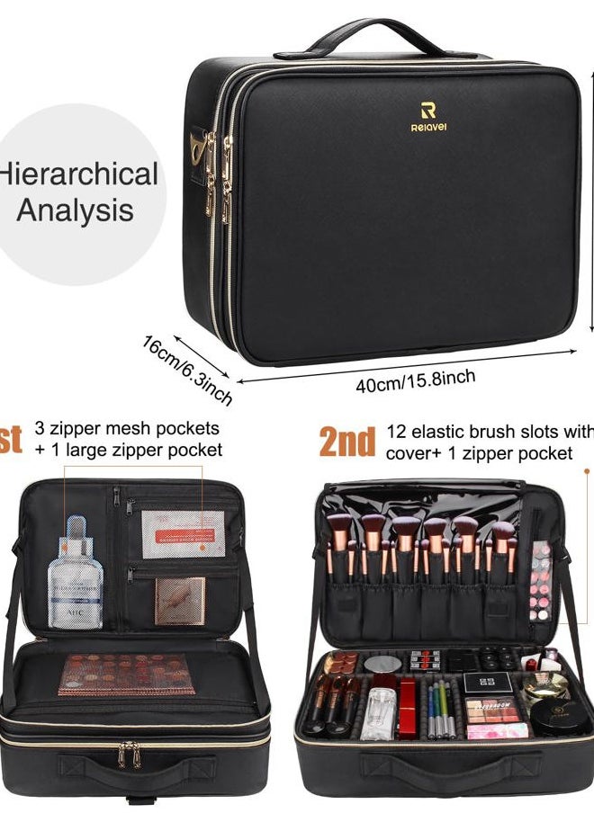MONSTINA Large Makeup Travel Case Bag,Professional Makeup Artist Train Case with Brush organizer,Large Capacity Cosmetic Bag with Zipper Pocket and Adjustable Compartment（PU Leather Black）  - Image 2