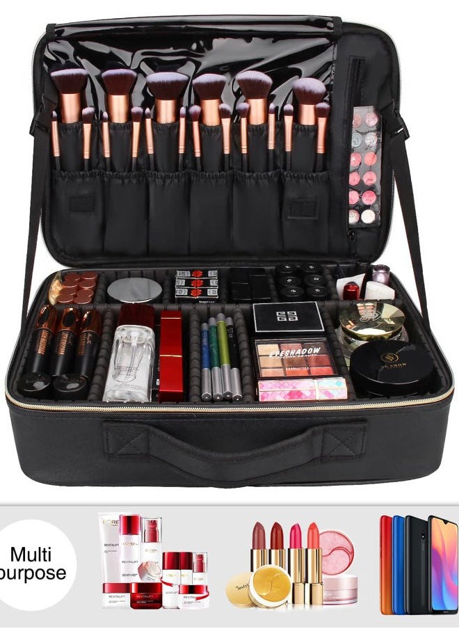 MONSTINA Large Makeup Travel Case Bag,Professional Makeup Artist Train Case with Brush organizer,Large Capacity Cosmetic Bag with Zipper Pocket and Adjustable Compartment（PU Leather Black）  - Image 3
