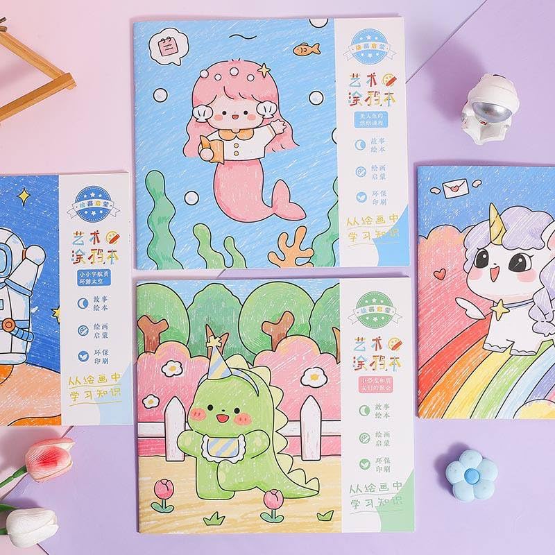 MVM Enterprise MVM Enterprise Childrens graffiti scroll coloring painting paper Book With 12 pieces Marker Dinosaur Astronaut Mermaid Unicorn designs Plain Sketch Pad for Kid Drawing Copy for Sketching Colouring Painting 