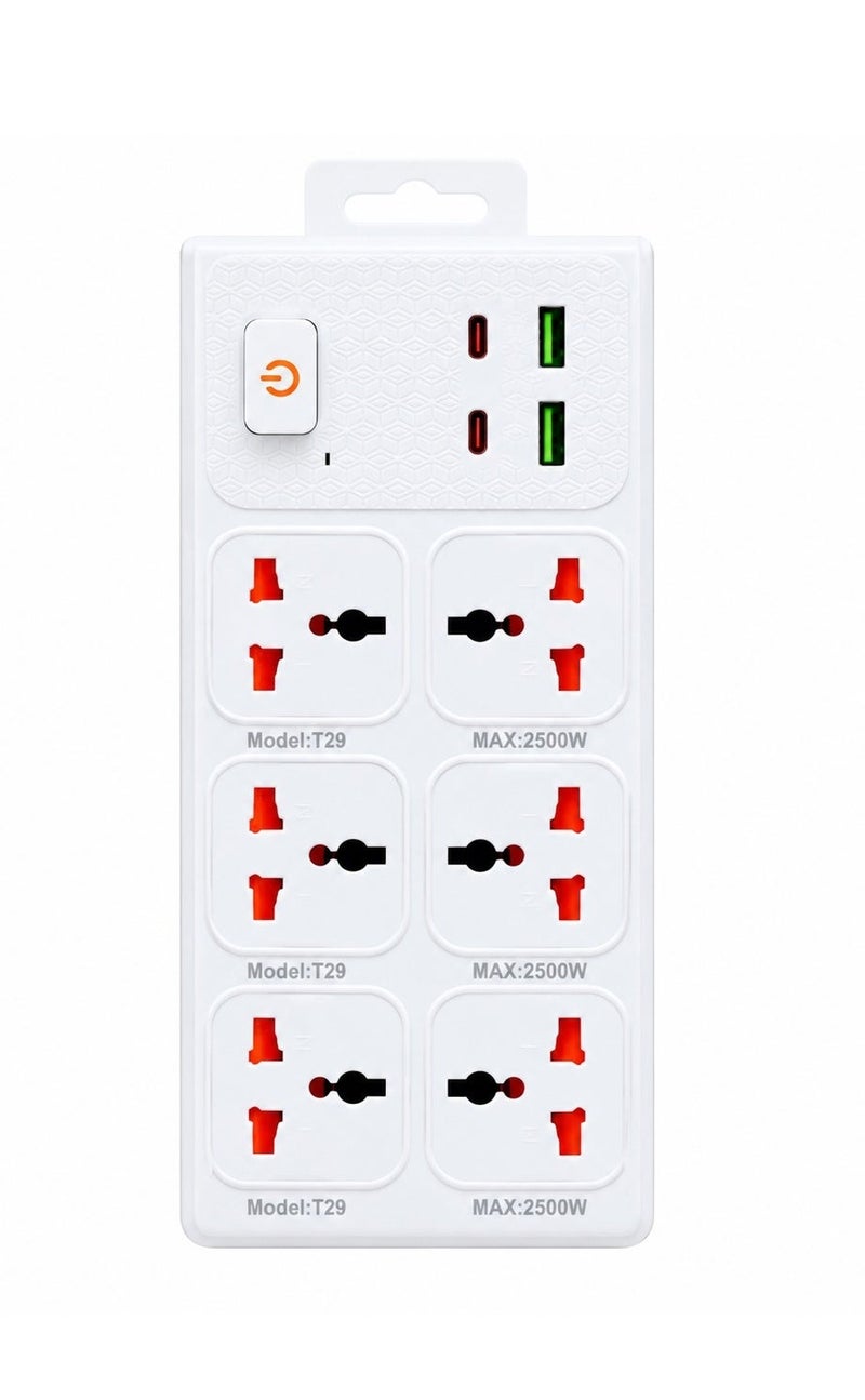 T29 Power Extension Socket with 4 USB Ports, 4 Universal AC Outlets, Power Switch, 2500W