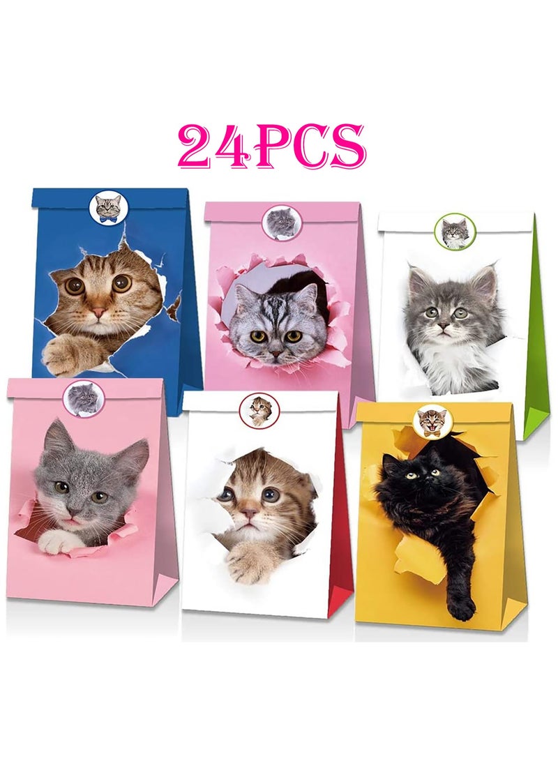 SOLARAE 24 Pcs Cat Gift Bags Cat Party Favors Paper Bags Kitten Candy Treat Goody Bags  Cat Theme Gifts for Kids Pet Cat Birthday Party Supplies Decorations - Image 1