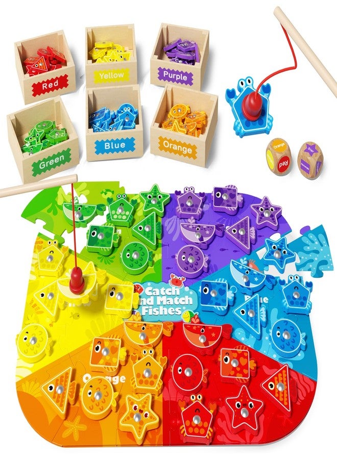 edutree Montessori Toys for Toddlers 1-3, Magnetic Fishing Game for Kids 2-4, Color & Shape Sorter Educational Learning Toys with Wooden Box & Puzzle for Boys Girls 3-5 - Image 1
