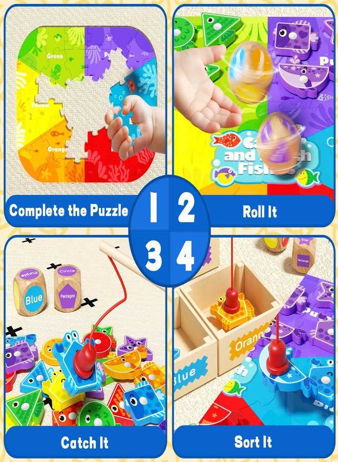 edutree Montessori Toys for Toddlers 1-3, Magnetic Fishing Game for Kids 2-4, Color & Shape Sorter Educational Learning Toys with Wooden Box & Puzzle for Boys Girls 3-5 - Image 2