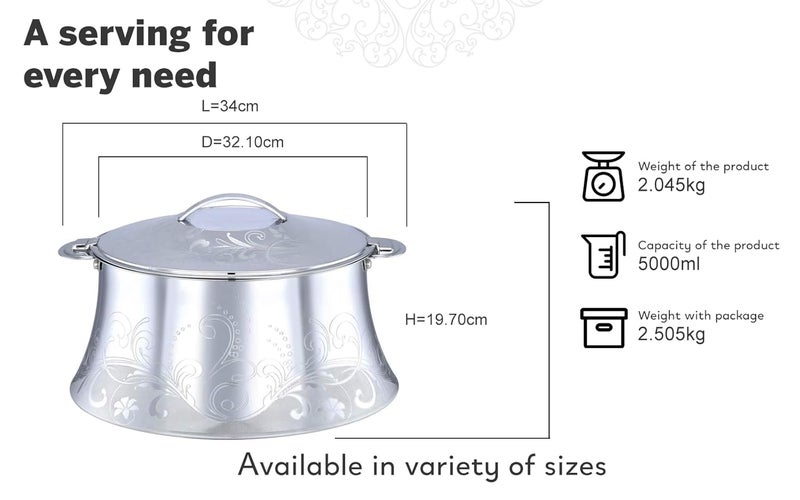 Pradeep AVA Stainless Steel Insulated Serving Casserole with Design LidDouble walledStainless steel CasseroleHot ColdDishwasher SafeServing CasseroleBPA FreeSilver7223S 722350S5000ML - Image 3
