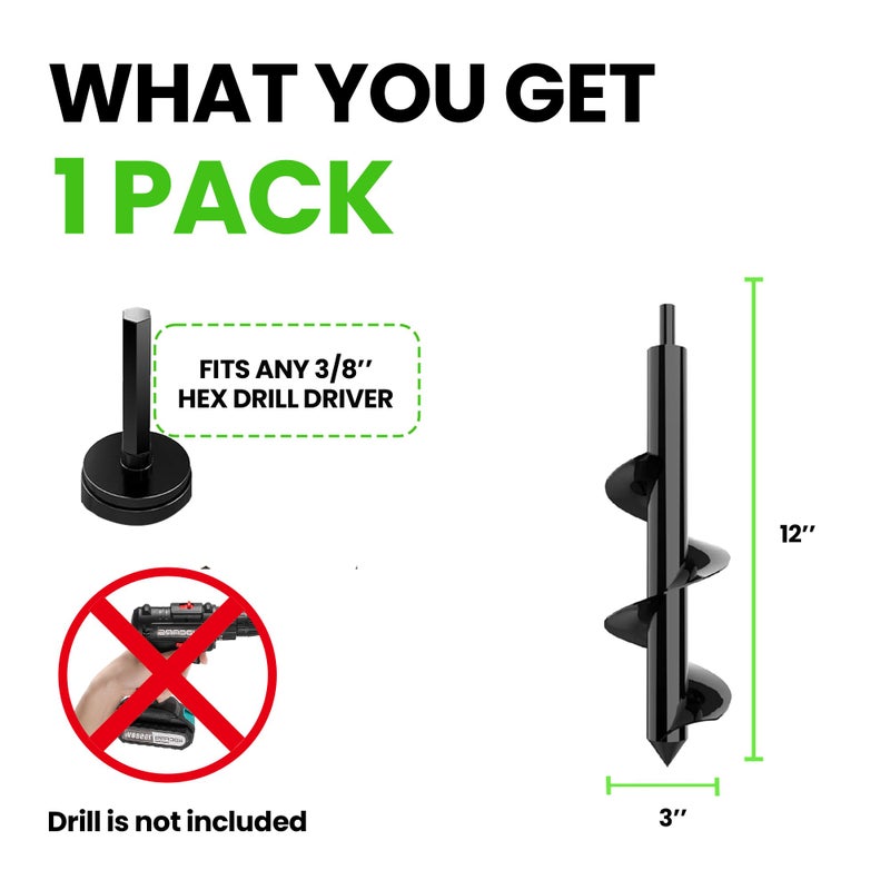 K-Brands Auger Drill Bit for Planting â€“ 3 x 12 Inch - Gardening Tools Spiral Hole and Bulb Planter for Umbrella Holes - Compatible with 3/8 Inch Hex Drive - Image 2
