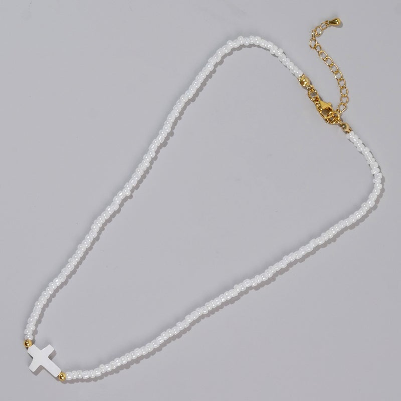Foreign Trade Specializes in Beach Vacation Style Fashionable Copper Beads Shell Cross White Rice Beads Womens Bracelet Necklace Set GZ-N24041801A