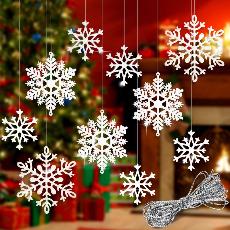 Whaline 40Pcs White Glitter Snowflake Winter Snowflake Ornaments Christmas Hanging Decorations with 197 Inches Silver Rope for Wedding Birthday Home Xmas Tree Window Door Accessories
