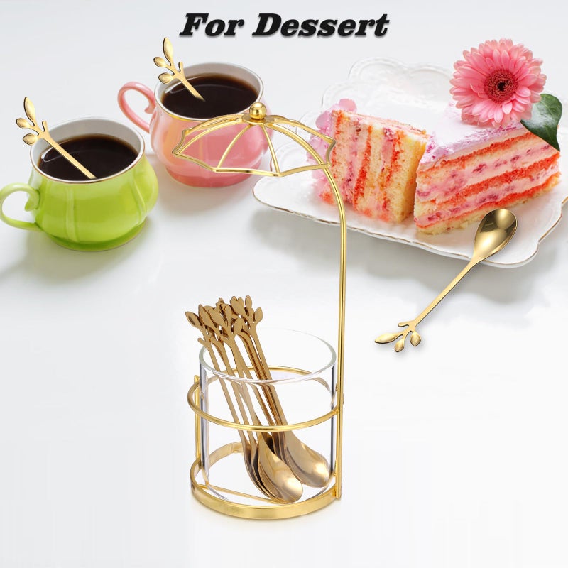 ELLDOO Coffee Spoon Set, Clear Glass Holder with 8 Stainless Steel Gold Leaf Coffee Spoons, Creative Flatware Set for Stirring, Mixing, Sugar, Ice Cream, Cake (8 x Spoons, Umbrella Shaped) - Image 5