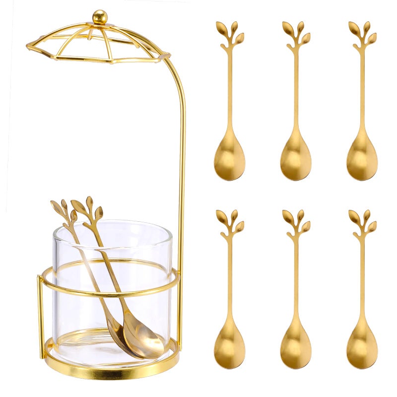 ELLDOO Coffee Spoon Set, Clear Glass Holder with 8 Stainless Steel Gold Leaf Coffee Spoons, Creative Flatware Set for Stirring, Mixing, Sugar, Ice Cream, Cake (8 x Spoons, Umbrella Shaped) - Image 1