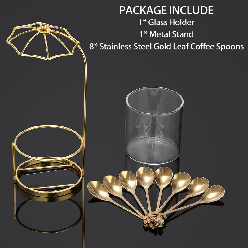 ELLDOO Coffee Spoon Set, Clear Glass Holder with 8 Stainless Steel Gold Leaf Coffee Spoons, Creative Flatware Set for Stirring, Mixing, Sugar, Ice Cream, Cake (8 x Spoons, Umbrella Shaped) - Image 3