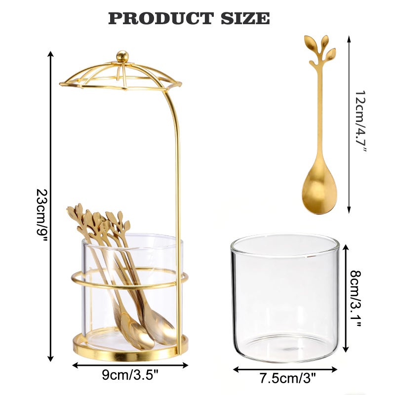ELLDOO Coffee Spoon Set, Clear Glass Holder with 8 Stainless Steel Gold Leaf Coffee Spoons, Creative Flatware Set for Stirring, Mixing, Sugar, Ice Cream, Cake (8 x Spoons, Umbrella Shaped) - Image 2