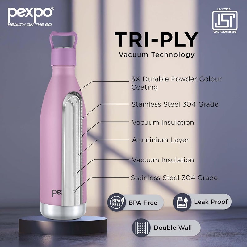 Pexpo Erica Stainless Steel Vacuum Insulated Hot Cold Flask 750ml Rosy Brown Home Office Gym Outing School Ideal for Adults Kids - Image 3