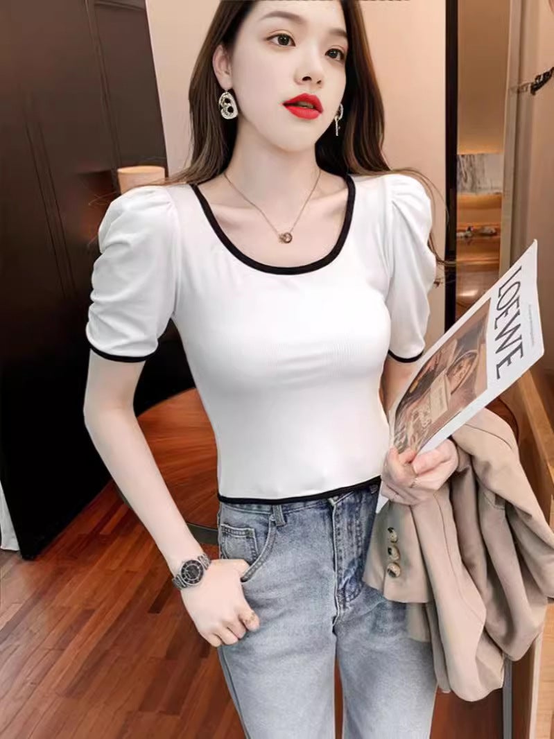 Contrast Color U-Collar Short-Sleeved T-Shirt Women'S 2024 Korean Style French Style Retro Puff Sleeve Short Top Trendy - Image 3