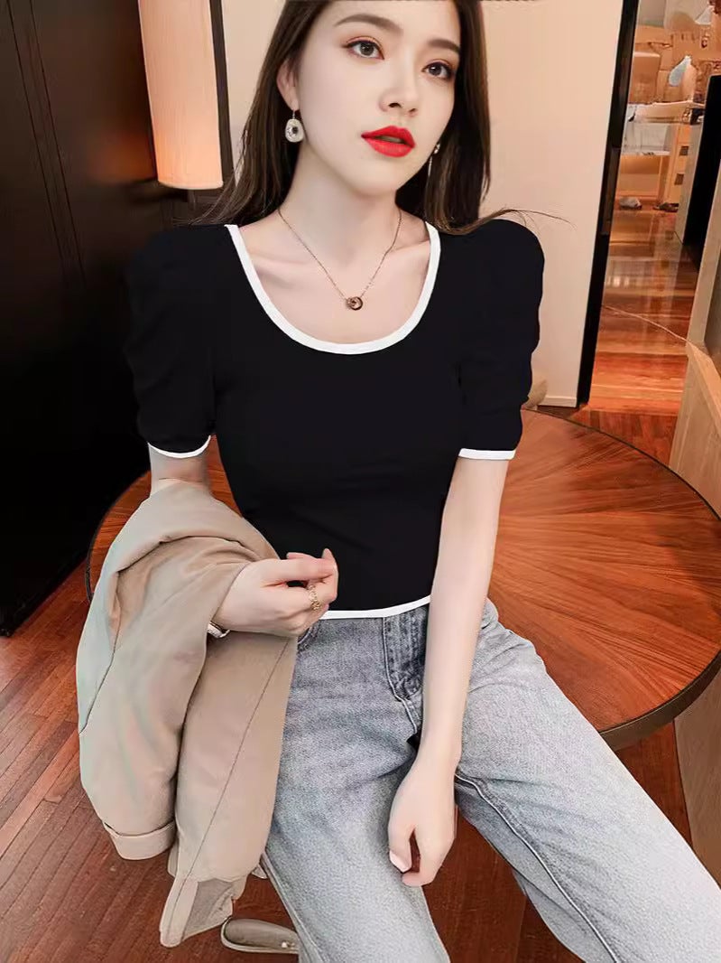 Contrast Color U-Collar Short-Sleeved T-Shirt Women'S 2024 Korean Style French Style Retro Puff Sleeve Short Top Trendy - Image 2