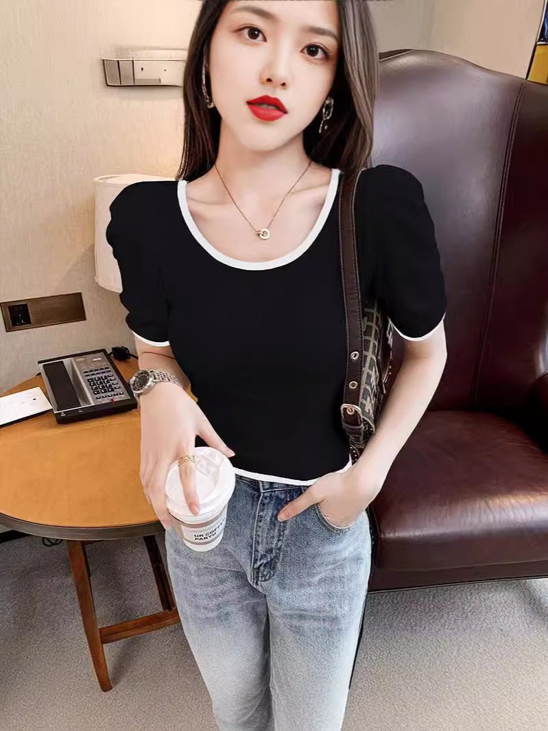 Contrast Color U-Collar Short-Sleeved T-Shirt Women'S 2024 Korean Style French Style Retro Puff Sleeve Short Top Trendy - Image 5